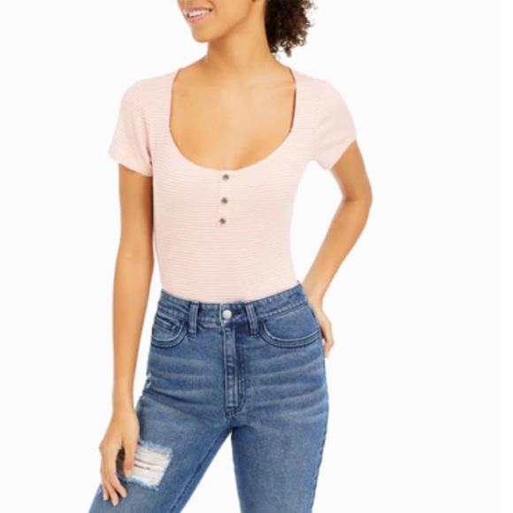 NWT (M) pink stripe thong bodysuit cotton mix softest tee shirt cap sleeeve - Picture 3 of 9